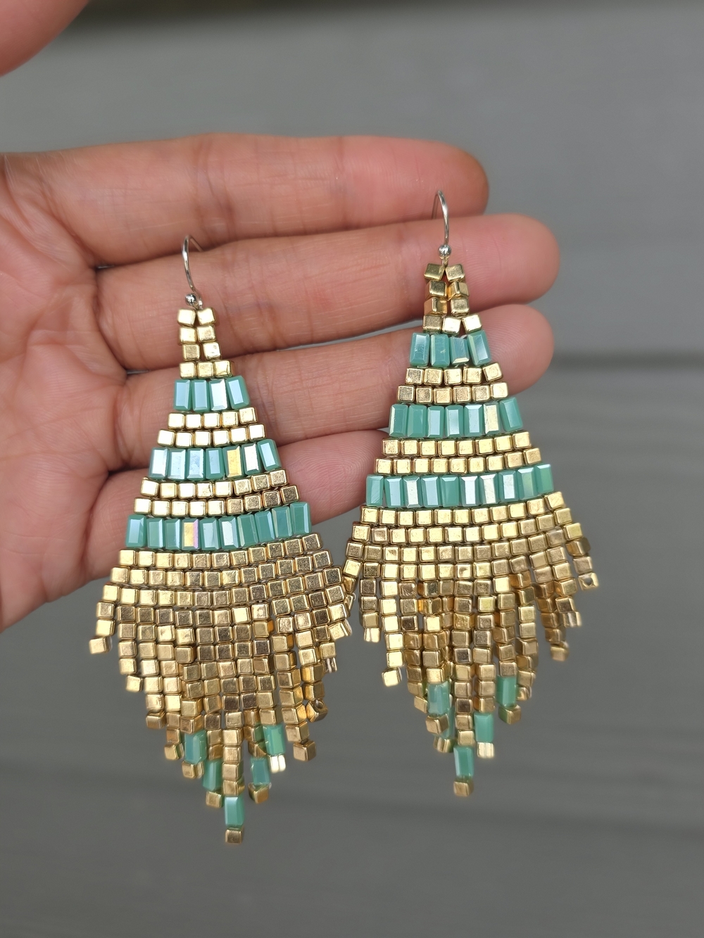 Mikka Beaded Earrings Boho Fringe Handmade Jewelry Green